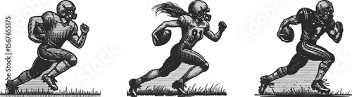 Heavy lined effect vector bundle of American football player running with ball on grass, dynamic sports action illustration, athletic game design, energetic outdoor play concept
