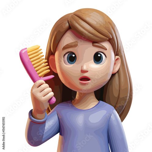Surprised 3d female character holding a comb with a curious expression, perfect for hair-related content, beauty tips, or self-grooming visuals.