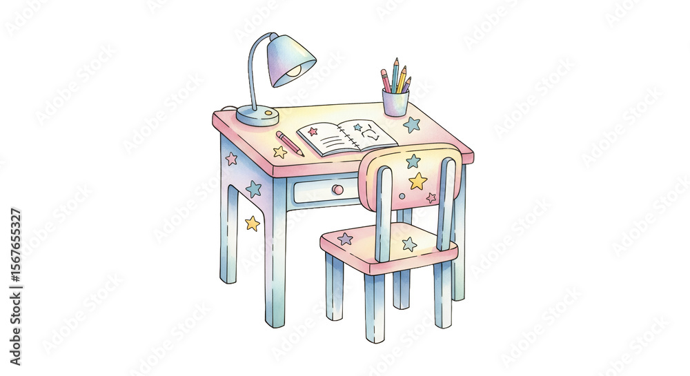 Fototapeta premium Colorful illustration of a study desk with a lamp, chair, and stationery for educational design