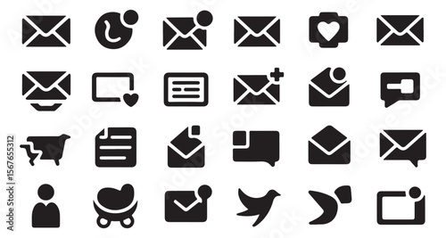 Collection of Communication Icons Depicting Mail, Notifications, and Social Interactions Represented with Simple Black and White Graphics