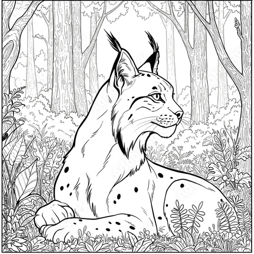 Detailed black-and-white illustration of a lynx resting calmly in a forest setting, surrounded by lush plants and tall trees.