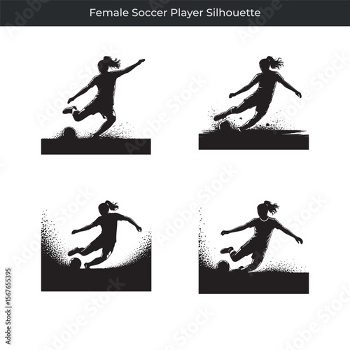 Dynamic silhouettes of a female soccer player kicking and controlling the ball in action