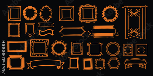 Orange geometric frames borders and decorative elements collection set isolated on black background for design projects