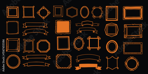 Orange geometric frames borders and decorative elements collection set isolated on black background vector illustration