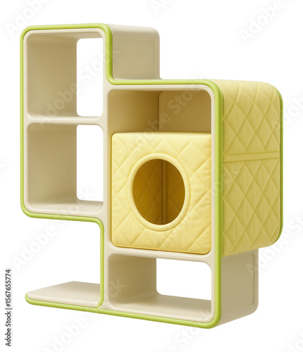 A modular plastic shelving system with a detachable cloth-covered hideout for a child's playroom.