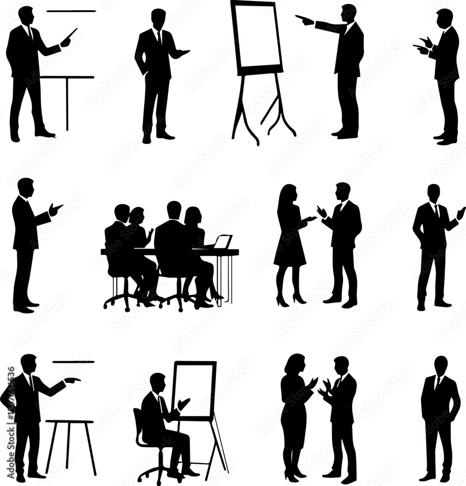Obraz premium Presentation Silhouettes Set 12 Business Pitch and Speech Vector Icons