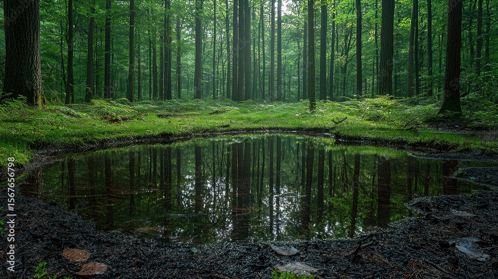 Obraz premium Tranquil forest pool, serene reflections