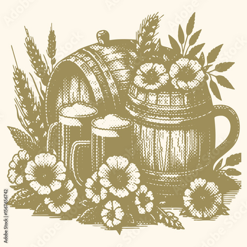 Vintage halftone stamp vector of wooden barrel with blooming flowers and rustic wine mugs, retro engraved style for winery, tavern, floral decor, countryside illustration design