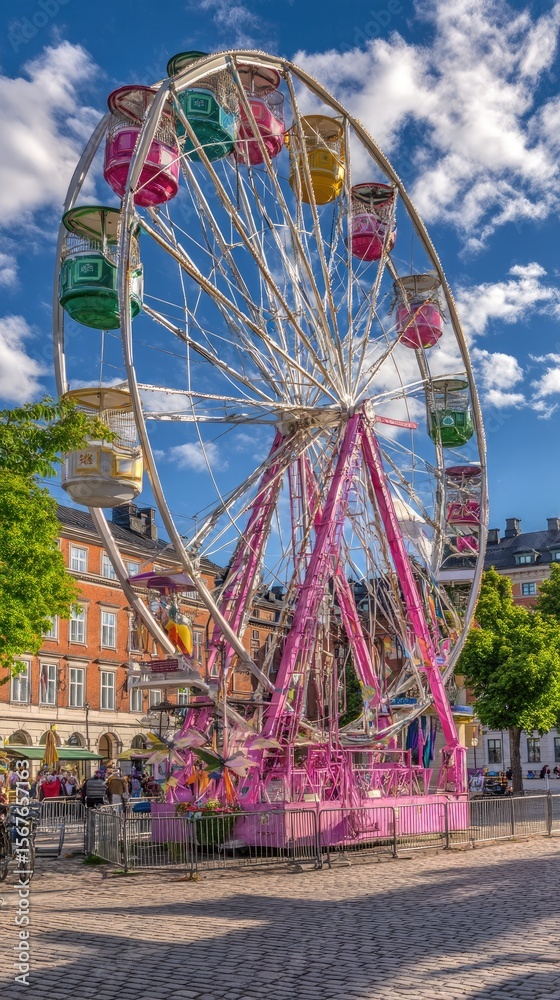 Fototapeta premium A large colorful Ferris wheel stands in a city square