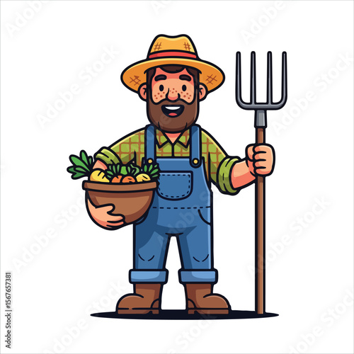Happy Farmer Vector Illustration – Cartoon Man with Vegetables 