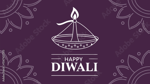Elegant Diwali Greeting:  Minimalist Line Art Design Featuring a Traditional Diya Lamp,  Purple Background with Subtle Mandala Accents, Festive and Serene Mood.