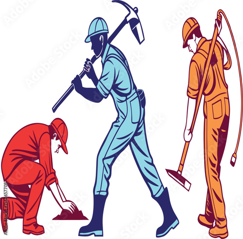 Three workers in different poses one digging one with pickaxe and one with hammer and power cord working