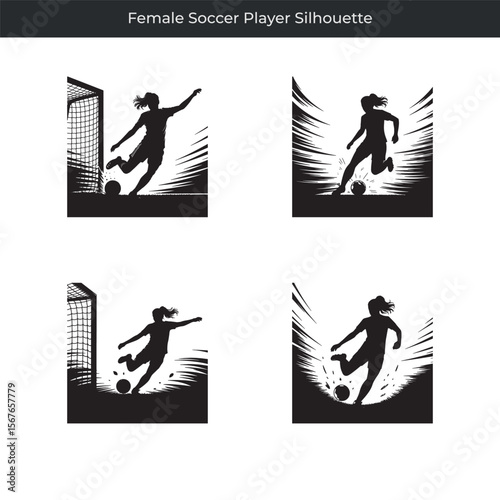 Dynamic female soccer player silhouettes kicking and controlling the soccer ball in play