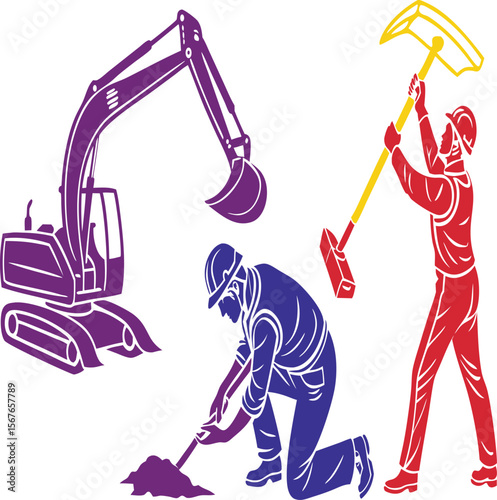 Illustration of construction workers and excavator with different colors on a white background
