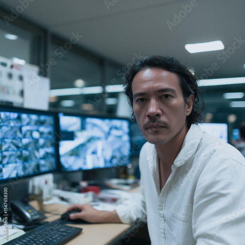 Focused Surveillance: A person intently monitors security footage on multiple computer screens, embodying vigilance and technological oversight in a modern environment.