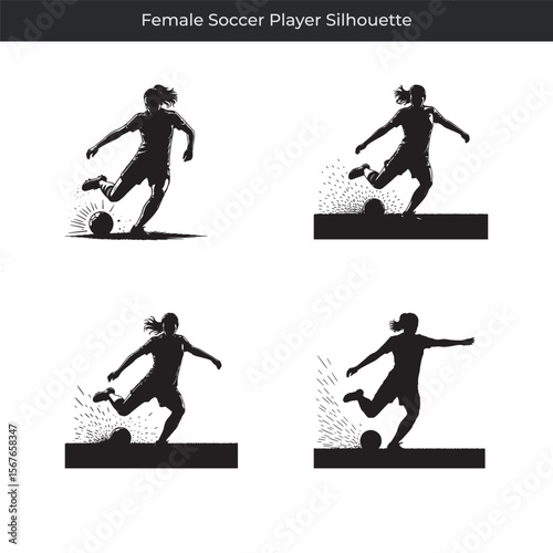 Athletic female soccer player silhouette kicking the ball in a dynamic soccer game
