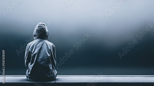 Solitude in the Gloom: A hooded figure is seen from the back, lost in thought, perched against a blurred backdrop, the overall feel is one of introspection. 