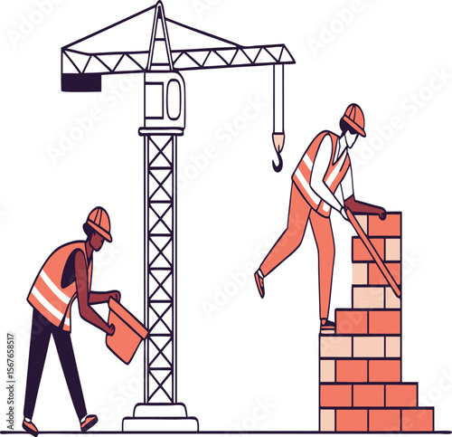 Two construction workers building a brick wall with a crane in the background on a construction site