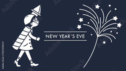 Whimsical New Year's Eve illustration: A child-like figure in a festive rocket costume walks towards celebratory fireworks, minimalist line art style, joyful and hopeful mood.