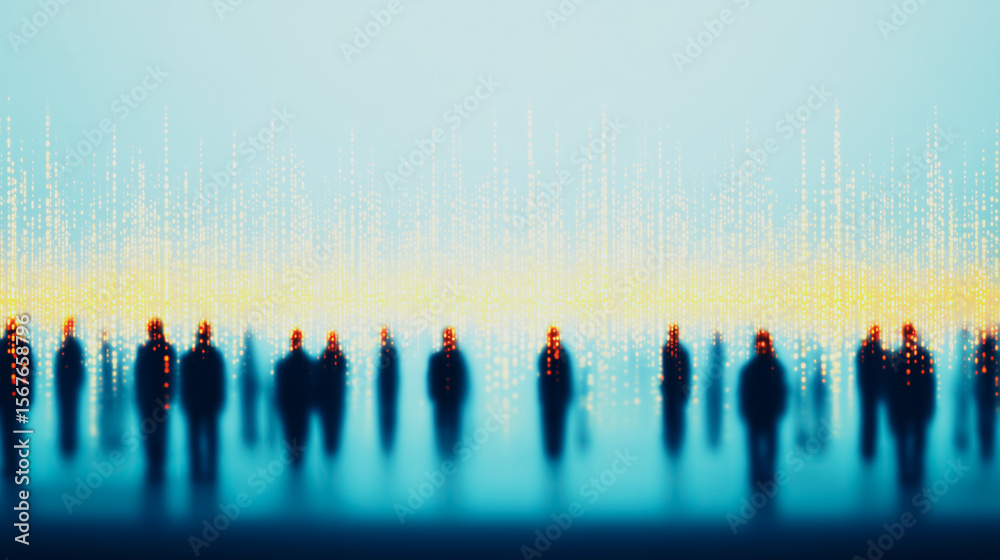 Naklejka premium Abstract Crowd Silhouette: A blurred, artistic depiction of a multitude of individuals, creating a sense of anonymity and collective identity, all standing together as a group. 