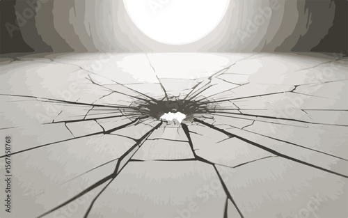 Shattered surface with radiating cracks and bright light
