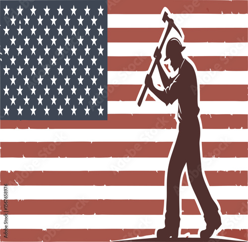 Silhouette of miner with pickaxe against faded american flag backdrop in patriotic labor image