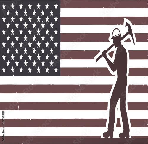 Silhouette of a worker with a pickaxe over the american flag in a vintage style design art work