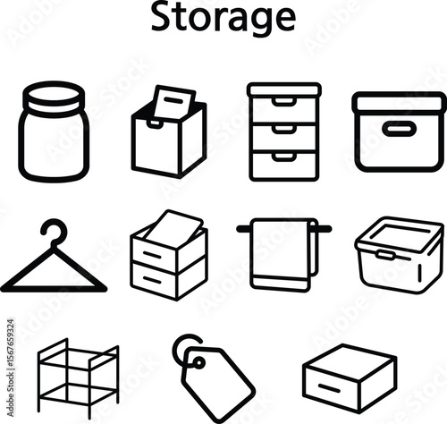 Black and White Storage and Organization Icon Set in Line Style