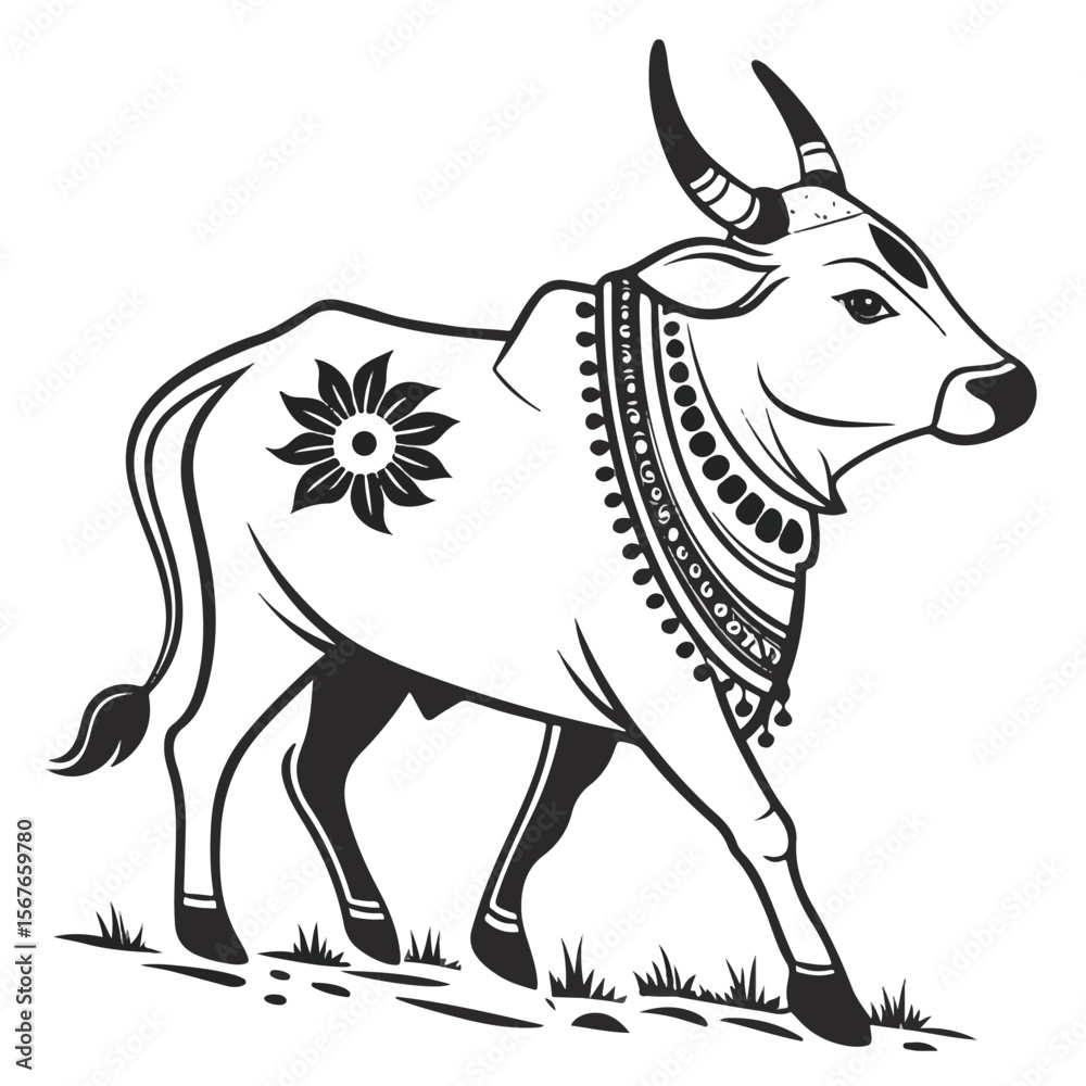 Fototapeta premium Artistic black and white cow sketch featuring decorative traditional patterns and cultural ornaments.