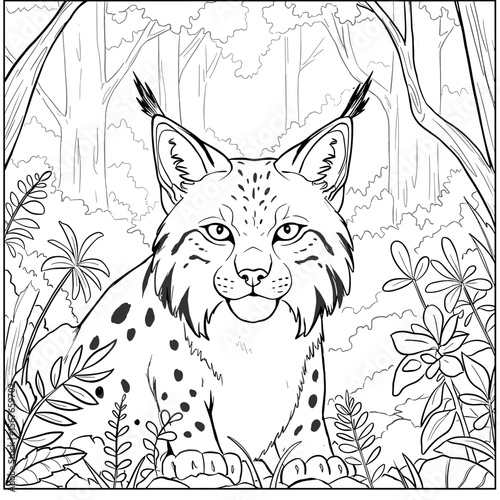 Detailed black-and-white illustration of a lynx with tufted ears and spotted fur resting calmly in a forest filled with trees and leafy plants.