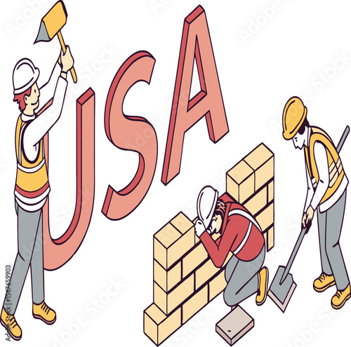 Three construction workers building a brick wall with usa text in the background illustration design