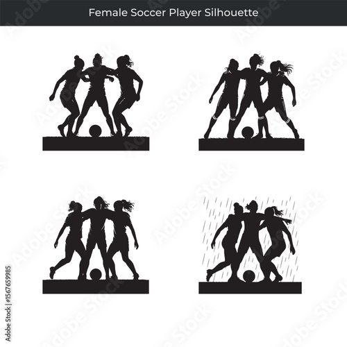 Dynamic black silhouette of female soccer players engaged in action playing soccer match