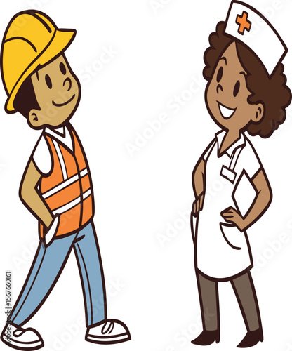 Cartoon illustration of a construction worker and a nurse standing side by side smiling happily