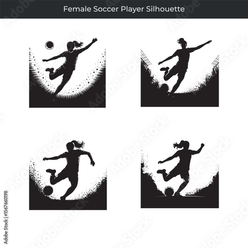 Dynamic female soccer player silhouette in action kicking the ball for a goal