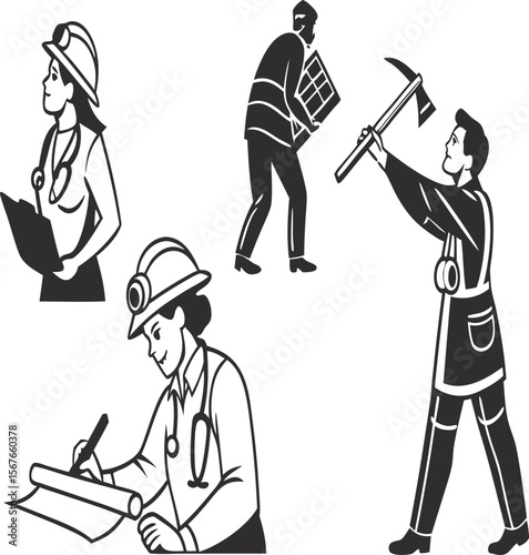 Illustration of various professionals including a doctor, construction worker and a miner with a pickaxe