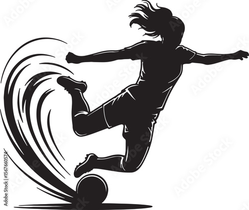 Dynamic silhouette of a female soccer player kicking the ball in mid air action