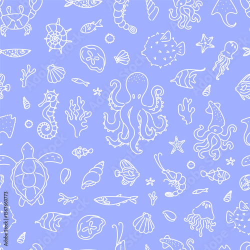 Seamless pattern with hand drawn marine animals including octopus, turtle, seahorse, jellyfish, squid, and fish on lilac background.