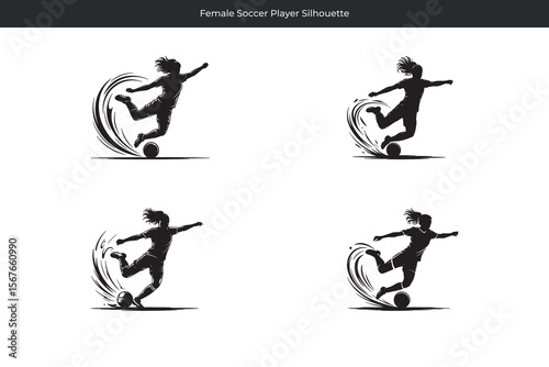 Dynamic black silhouette of a female soccer player kicking a soccer ball action illustration