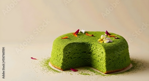 A vibrant green cake with a slice missing, adorned with small flowers and petals on a beige background.