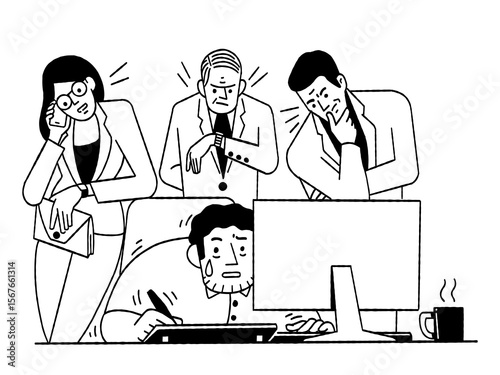 Male office worker is working hard with stressed emotion to finish his job while other waiting cause of deadline coming.  Cute character vector illustration and funny cartoon. Outline, thin line art, 