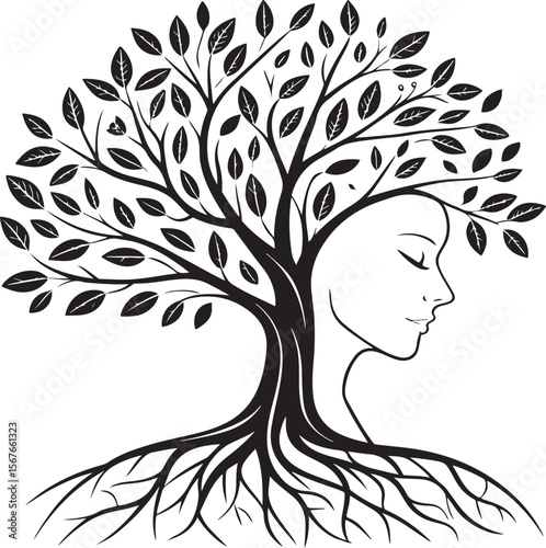 Conceptual illustration of a tree with a woman's face representing nature and harmony
