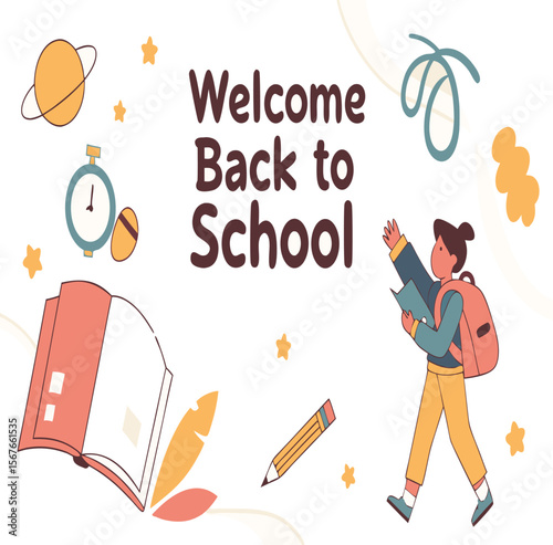 Welcome back to school illustration featuring a student, book, pencil, and celestial elements in soft colors