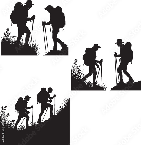 Hiker Silhouettes Trekking with Walking Poles in Nature - Inspirational Outdoor Adventure Journey Illustrations for Hiking, Trekking, and Exploration Themes