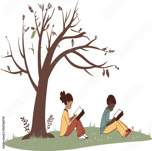 Two children sitting under a tree reading books in a peaceful outdoor setting in the daytime scene