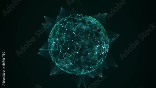 Technology green sphere with connecting dots and lines. Digital abstract network structure. 3D rendering.