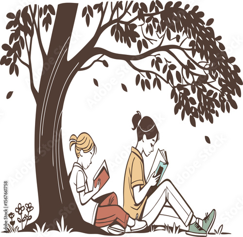 Two girls reading books under a large tree with brown leaves and trunk in a peaceful outdoor setting scene
