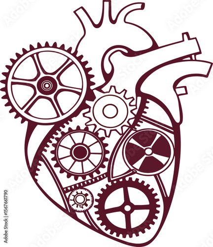 Mechanical heart illustration showcasing steampunk gears and anatomical structure in burgundy.