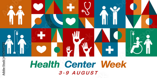 National Health Center Week. People, doctor icon, stethoscope and more. Suitable for posters, banners and social media. White background.