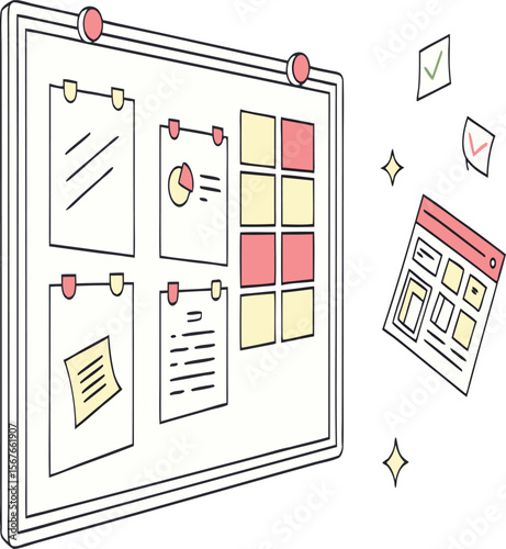 Illustration of a bulletin board with notes, a diagram, and a floating web page interface design
