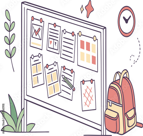 Illustration of a bulletin board with notes, a clock, a backpack, and plants in a bright room